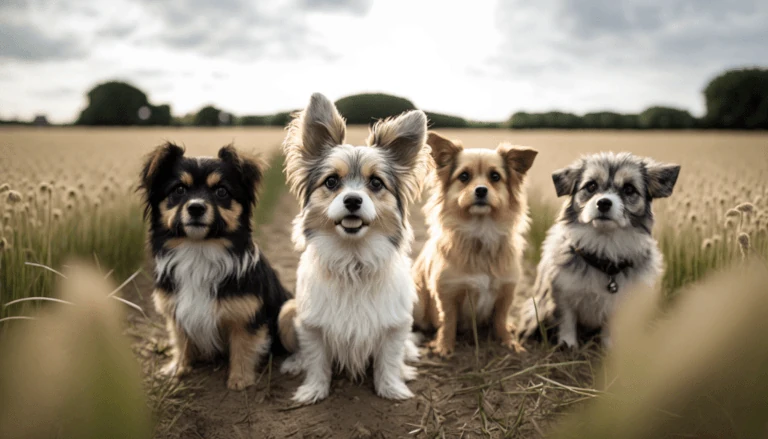 Worthing dog walking a group of four small dogs sat obediently looking at the camera in a field in Findon