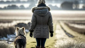 lady walking dog through field - winter